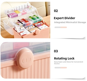 Three-tier folding medical storage box with rotary lock and clear lid in orange pink