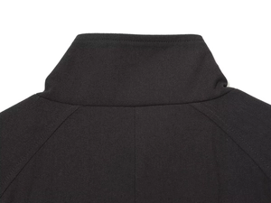 Detail of a black stand collar jacket featuring fine twill texture and neat stitching