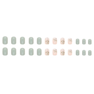 Short square press-on nails with mint green gradient and leaf hand-painted designs
