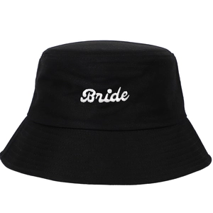 Stylish black cotton bucket hat with white Bride embroidery for bridal party fashion