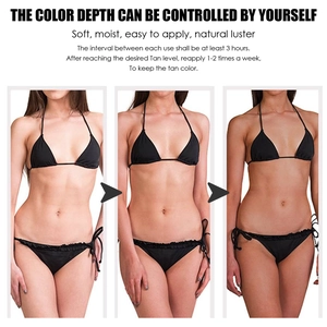 Three-step visual guide showing adjustable tan intensity from light to deep bronze skin