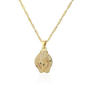 Gold-plated leopard head pendant necklace with sparkling cubic zirconia on twist chain