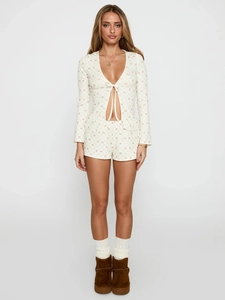 Ensemble pyjama 2 pièces pour femme avec col en V noué et imprimé floral élégant