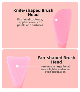 Detail of pink silicone mask brushes in knife and fan shapes for facial skin care