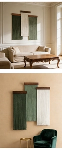 Three-piece boho tassel wall hanging with dark wood rods in green and cream tones