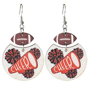 Wooden sports earrings featuring football cheerleader megaphone design and Cheer text