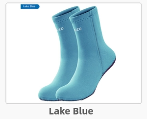 Close-up view of OUZO 3mm lake blue neoprene diving socks with non-slip sole for surfing