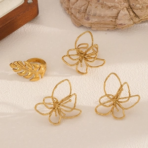 Gioielli In Acciaio Inossidabile Per Donna Oro Foglia Fiore Cavo Anello E Orecchini Minimalista Regolabile Aperto