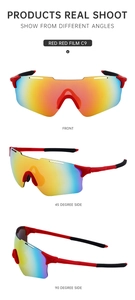 Multi-angle view of outdoor sports sunglasses with red frame and colorful gradient lenses