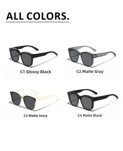 TR90 square polarized sunglasses displayed in four colors including black, grey, and beige
