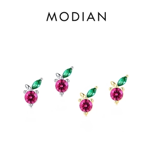 S925 sterling silver cherry stud earrings with red and green crystals in gold and silver
