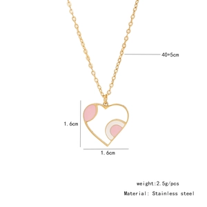 Detail of pink heart pendant with gold stainless steel chain and size specifications