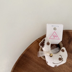 Cute Korean style fabric hair scrunchie with white tulle bow and a tiny golden bell