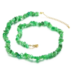 Irregular green cat eye stone beaded necklace with golden adjustable chain and lobster clasp