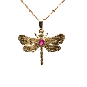 Golden dragonfly pendant necklace with pink and green zircon crystals on a fine chain