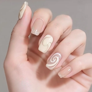 Cream White French Champagne Glitter Swirl Pattern Square Medium Press On Nails With Glue For Women Daily Party Manicure