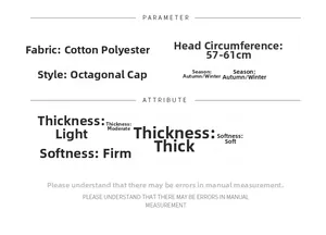 Detailed sizing chart for leopard newsboy cap showing dimensions and fabric specs