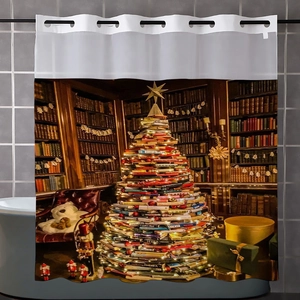 Christmas shower curtain featuring a creative book tree design in a cozy bathroom setting
