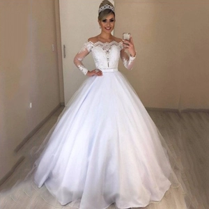 Robe De Mariée En Dentelle Épaules Dénudées Manches Longues Col En V Maille Robe De Bal Élégante Longueur Sol Pour Femmes