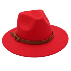 Detailed close-up of a red wool fedora hat with a brown leather belt and gold buckle