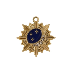 Detailed close-up of golden sun and blue moon alloy charm with sparkling rhinestones