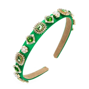 Baroque style green velvet headband with emerald crystals and pearl floral embellishments