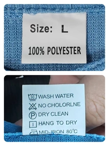 Detail of blue polo shirt showing size L tag and 100% polyester fabric material