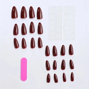 Glossy almond shaped dark red press-on nail set with 24 pieces, jelly glue and a pink file