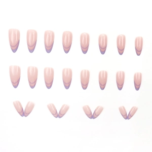 Pink almond press-on nails with elegant purple crescent French tips, 24 pieces set