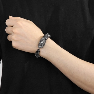 Retro dragon head titanium steel bracelet with green eyes for men in punk style