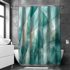 Detail of teal geometric glass pattern on waterproof shower curtain with white hooks