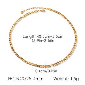 Detailed view of 18K gold plated stainless steel Figaro chain with sizing measurements