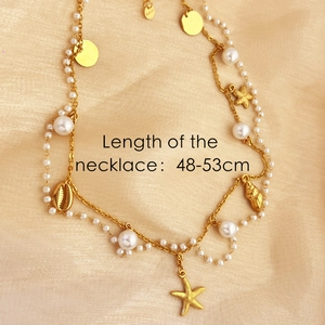 18K gold plated stainless steel layered necklace with sea star pearl and shell charms