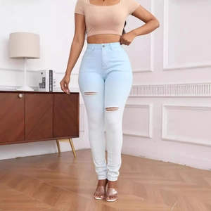 Jean Femme Taille Haute Déchiré Pantalon Denim Skinny Dégradé Effet Liftant High Stretch Mélange De Coton Chic