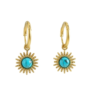 Close-up of golden sunflower earrings featuring blue turquoise centers and hoop design