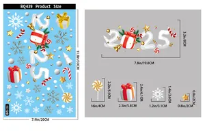 Detailed dimensions of BQ439 Christmas window stickers featuring candy cane and snowflake