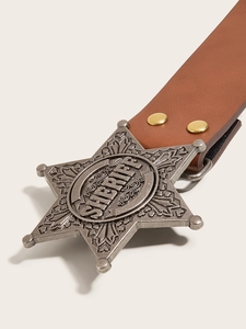 Close-up of brown leather belt with silver star buckle featuring Sheriff engraving