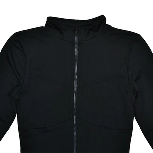 Detailed view of black zip-up athletic jacket with contoured stitching and stand collar