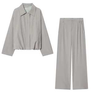 Women Grey Pinstripe Jacket And Wide Leg Pants Zipper Bomber Top High Waist Trousers Casual Streetwear Outfits
