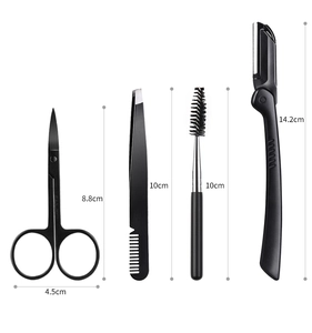 Detailed view of 4-piece black stainless steel eyebrow grooming set with measurements