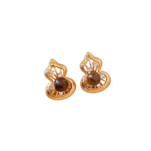 Golden gourd-shaped hollow stud earrings with dark brown beads and zircon accents