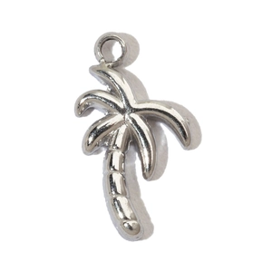 Detailed view of silver stainless steel palm tree pendant with polished metallic finish