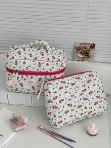Floral quilted corduroy cosmetic bag set including large pouch and flat zipper clutch