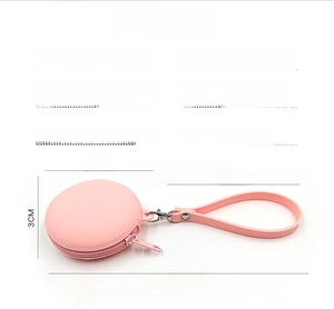Pink silicone macaron coin purse with hook and lanyard showing exact dimensions and weight