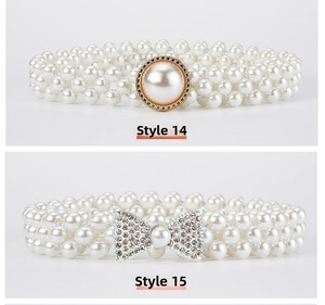 Detail of three-row pearl elastic belts with elegant gold and rhinestone buckles
