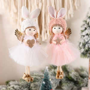 Christmas Angel Doll Hanging Ornaments Plush Knit Long Rabbit Ears Mesh Skirt Golden Wings Heart Star Xmas Tree Home Decor