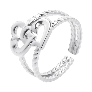 Detail view of double heart interlocking ring with twisted rope band and adjustable opening