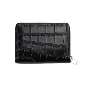 Minimalist black crocodile pattern wallet with gold zipper on white background