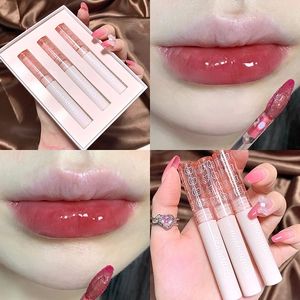 Glossy mirror water lip glaze set with three pink shades in a gift box for shiny lips