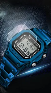 Detail of durable mineral tempered glass screen on a square blue digital sports watch